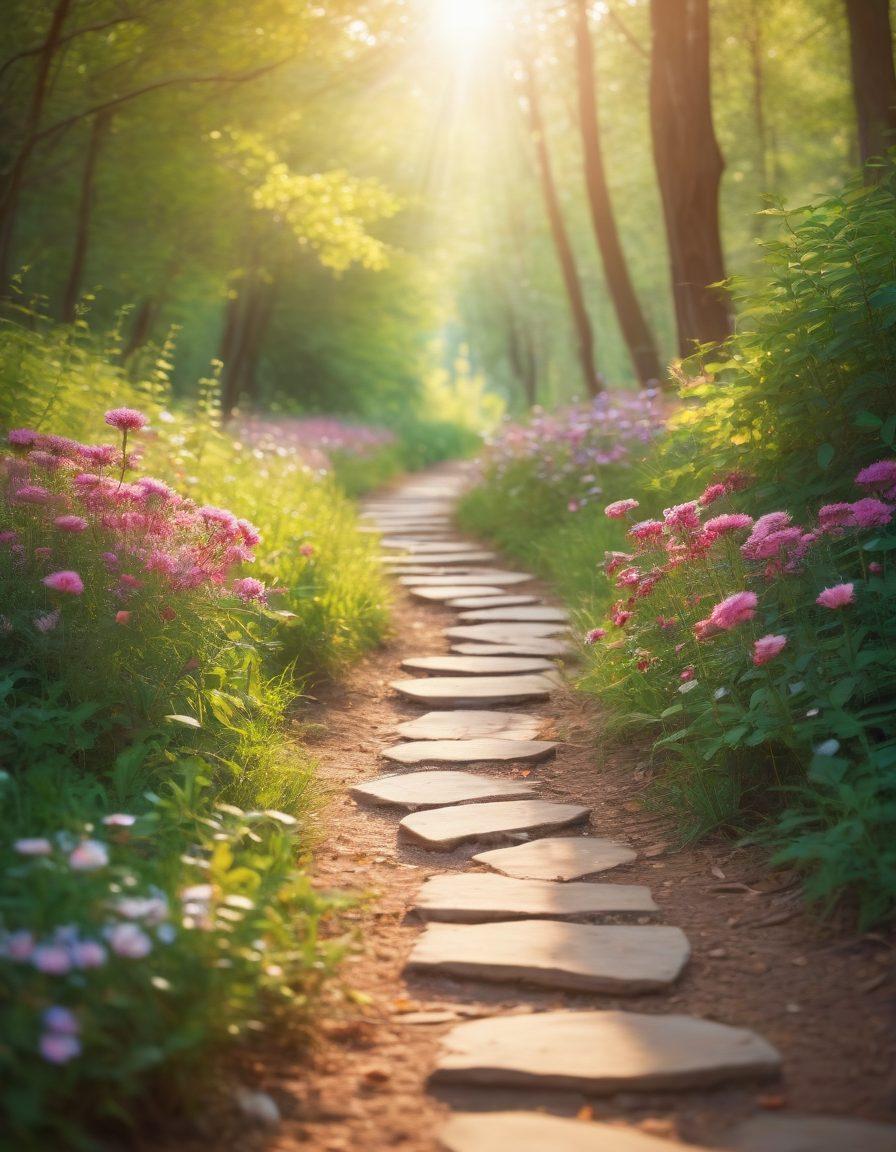 A serene landscape depicting a winding path through a vibrant forest, symbolizing the journey of overcoming cancer. Alongside the path, diverse figures of people engaging in supportive conversations, showcasing emotional connections, and mental wellbeing practices like meditation and yoga. The atmosphere is uplifting, with soft sunlight filtering through leaves, casting warm shadows on the ground. Elements of hope such as blooming flowers are scattered along the path. painterly style. vibrant colors. soft focus.