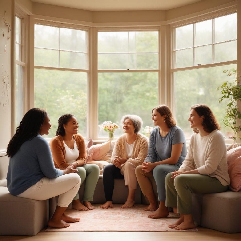 A diverse group of individuals sitting in a supportive circle, sharing their stories and experiences, with warm smiles and comforting gestures. A background filled with symbols of personal growth like blooming flowers and encouraging quotes. Soft, soothing colors to evoke a feeling of hope and connection. Illustrate a cozy indoor setting with natural light filtering through windows. super-realistic. warm tones. soft focus.