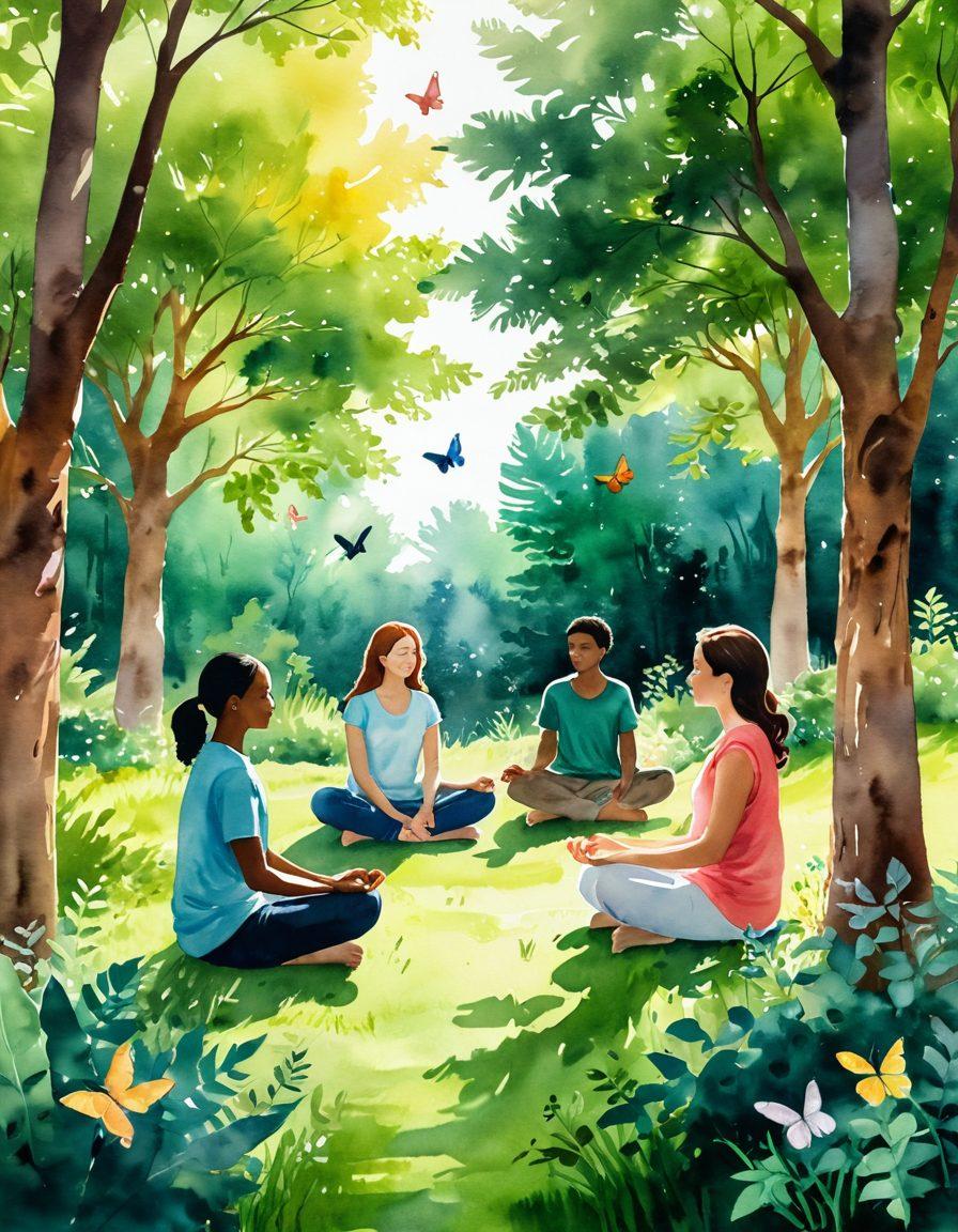 A serene scene depicting a diverse group of people engaged in various calming activities, such as meditation, art therapy, and gentle nature walks, surrounded by lush greenery and soft sunlight breaking through trees. Symbolic representations of hope, like butterflies and blooming flowers, subtly weave through the composition. The atmosphere is warm, inviting, and uplifting, evoking a sense of community and support. watercolor painting, vibrant colors, soft focus.